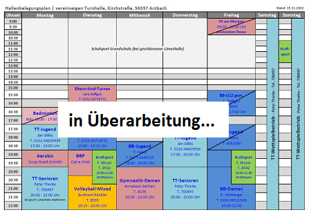 Trainingszeiten 'vereinseigene Halle' Kirchstrasse, 56337 Arzbach